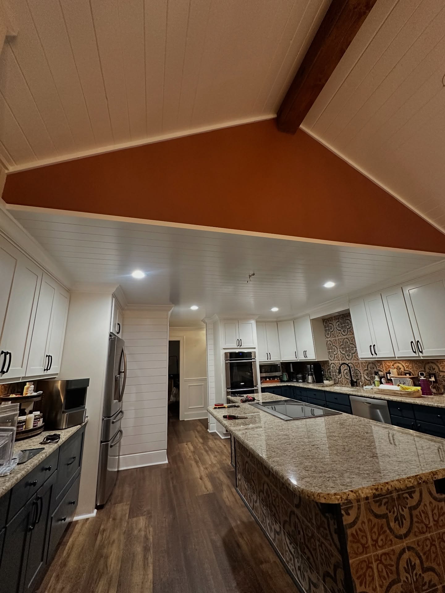 Box-beam ceiling detail, custom-built for the space, by AVP Construction JAX in Jacksonville & St. Johns County, FL