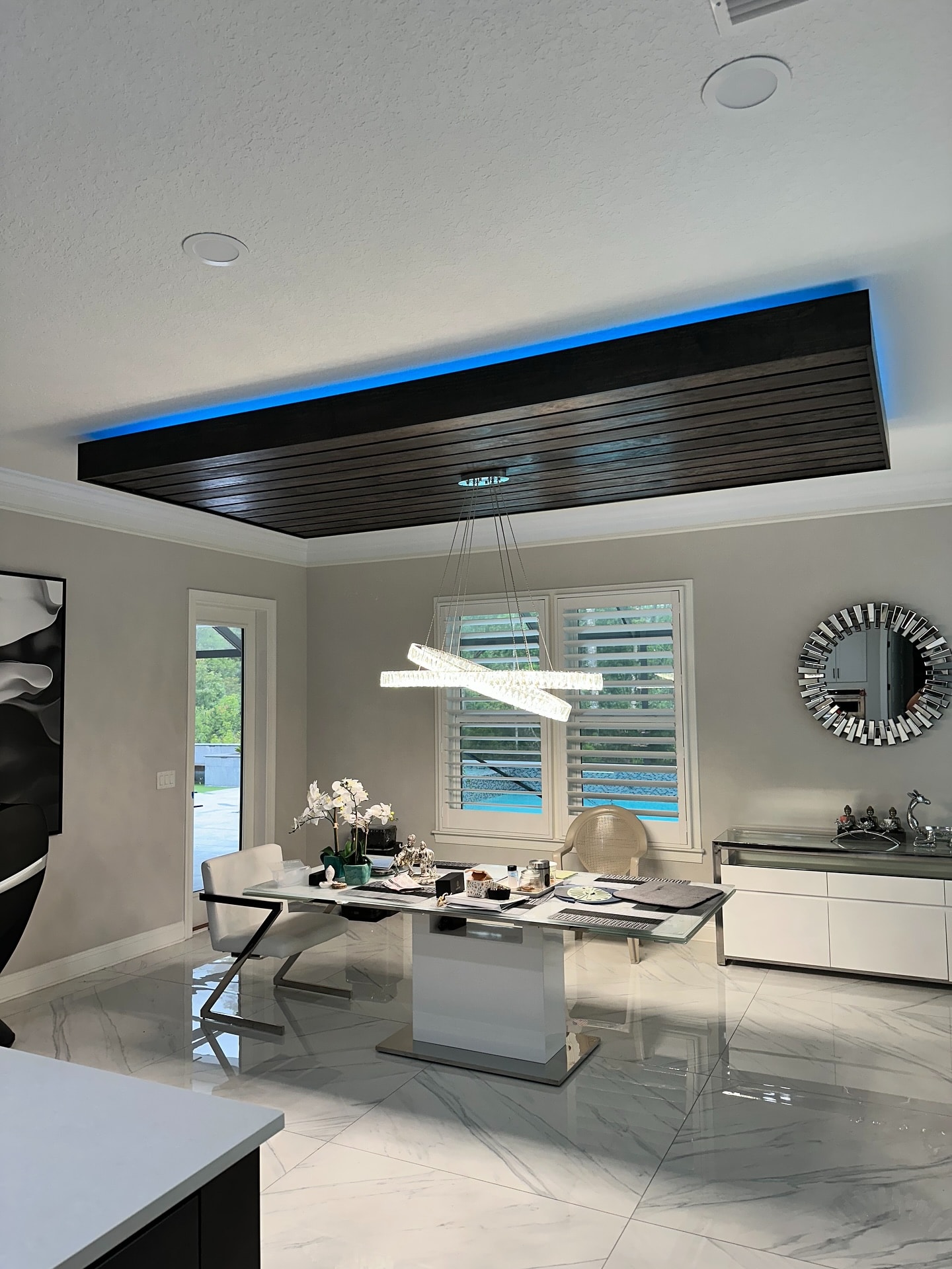 Beadboard ceiling with stained beams, custom-built for the space, by AVP Construction JAX in Jacksonville & St. Johns County, FL