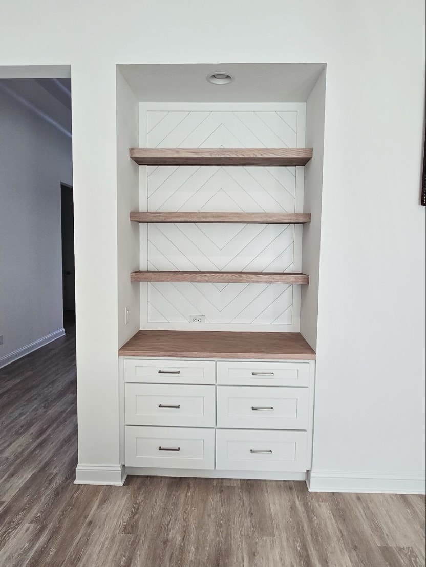 Custom dry bar with floating shelves, custom-built for the space, by AVP Construction JAX in Jacksonville & St. Johns County, FL