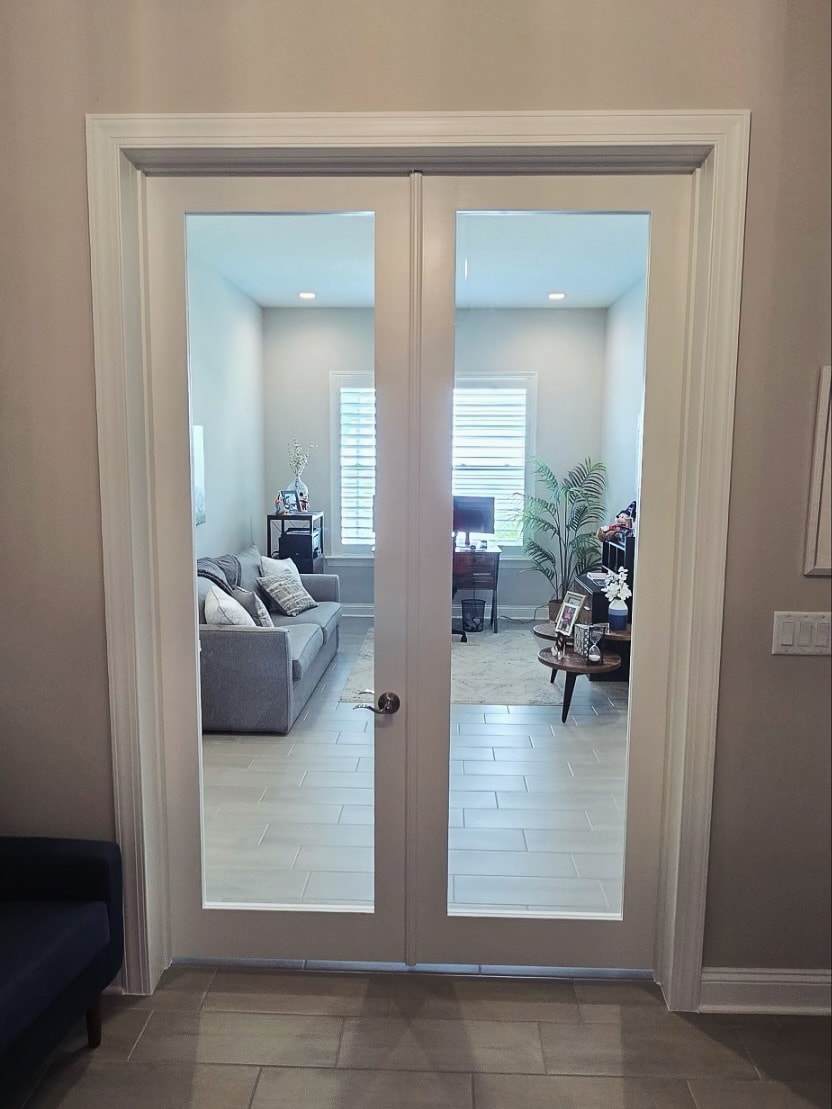 Office French door installation, custom-built for the space, by AVP Construction JAX in Jacksonville & St. Johns County, FL