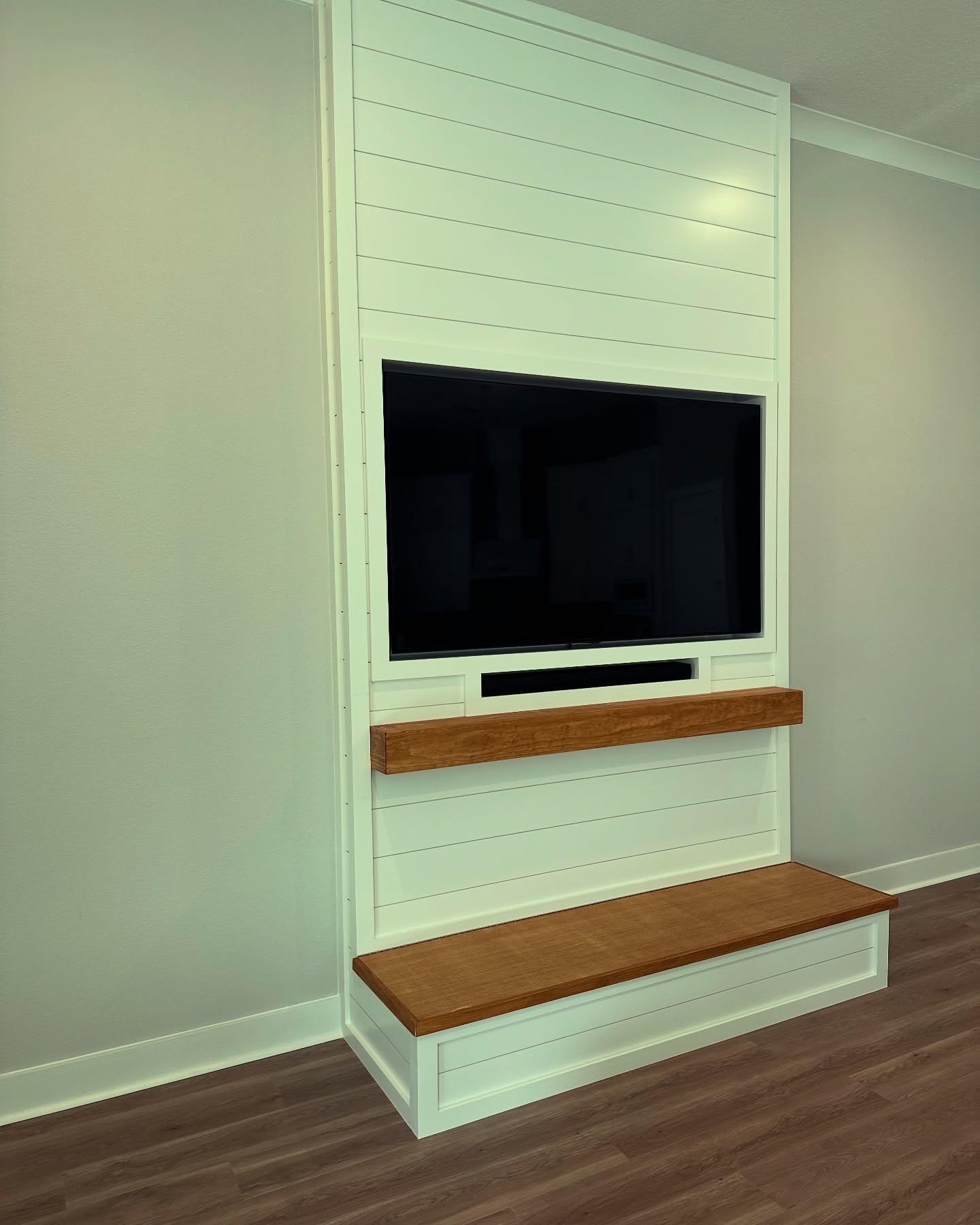 Built-in TV cabinet flanked by display shelving by AVP Construction JAX — Jacksonville & St. John's County, FL