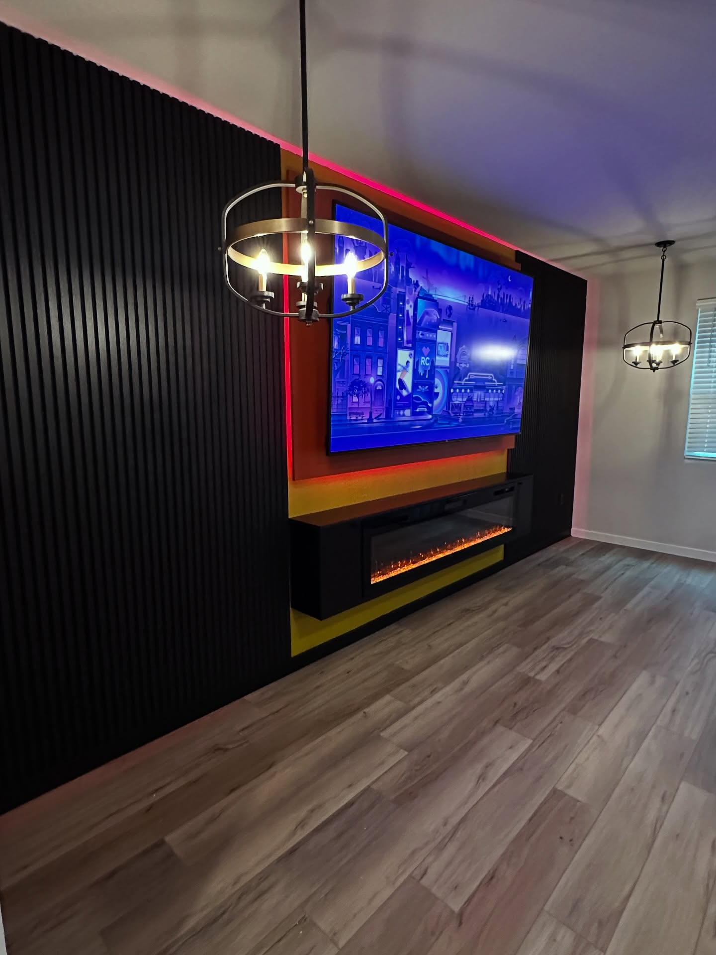 Floating-shelf TV built-in with shaker cabinets by AVP Construction JAX — Jacksonville & St. John's County, FL
